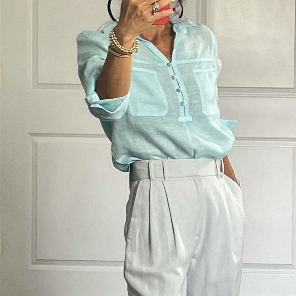 Project Brand 100% Blue Linen Half Button Shirt XS - Picture 5 of 11